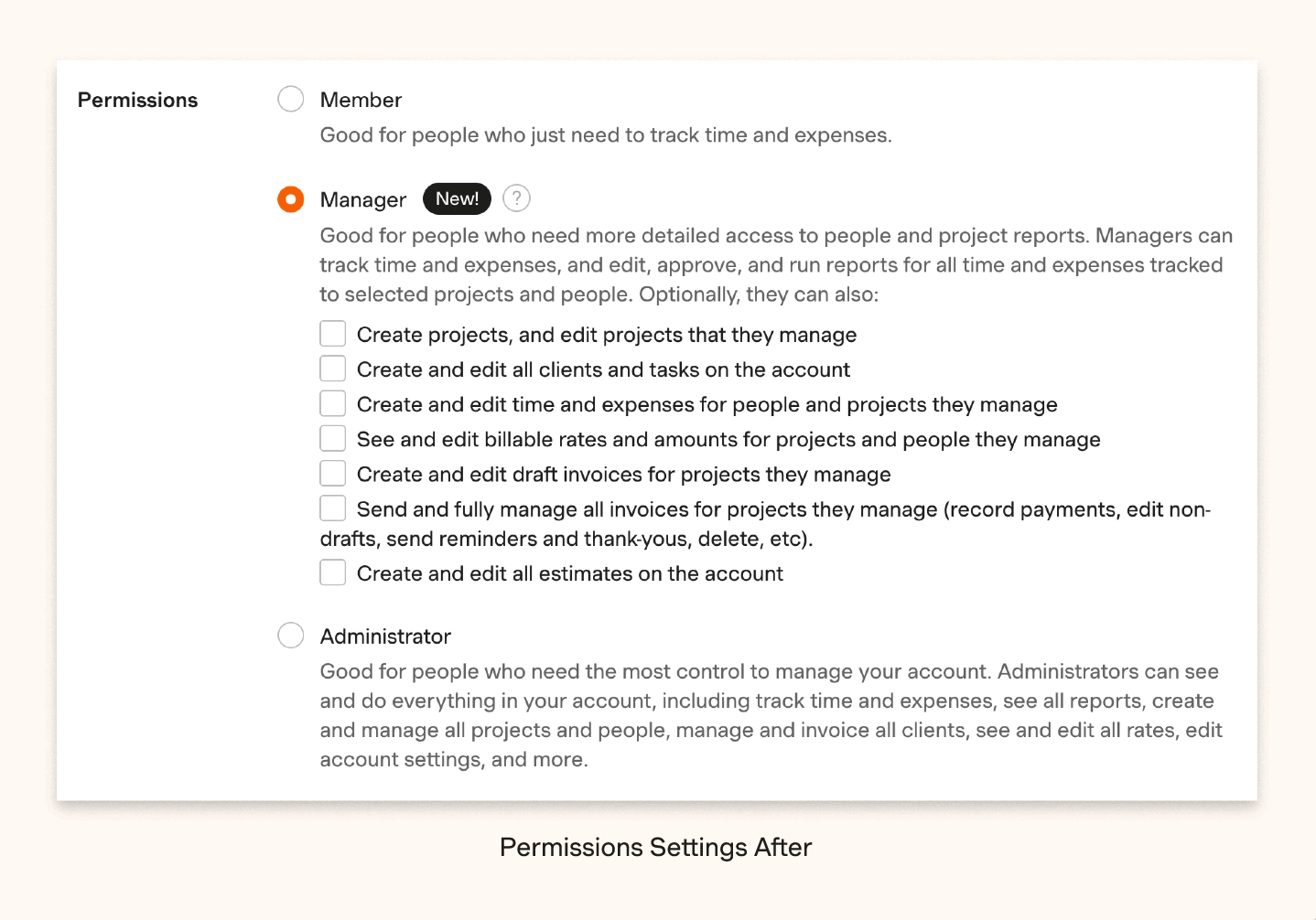 A GIF that shows an interface of permissions settings before and after new features. Before shows 3 additional permissions you can grant a user. After shows 7 additional settings you can grant a user.
