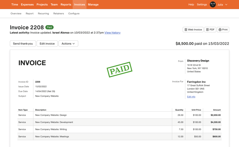 Screenshot of a paid Harvest invoice Screenshot of a paid Harvest invoice